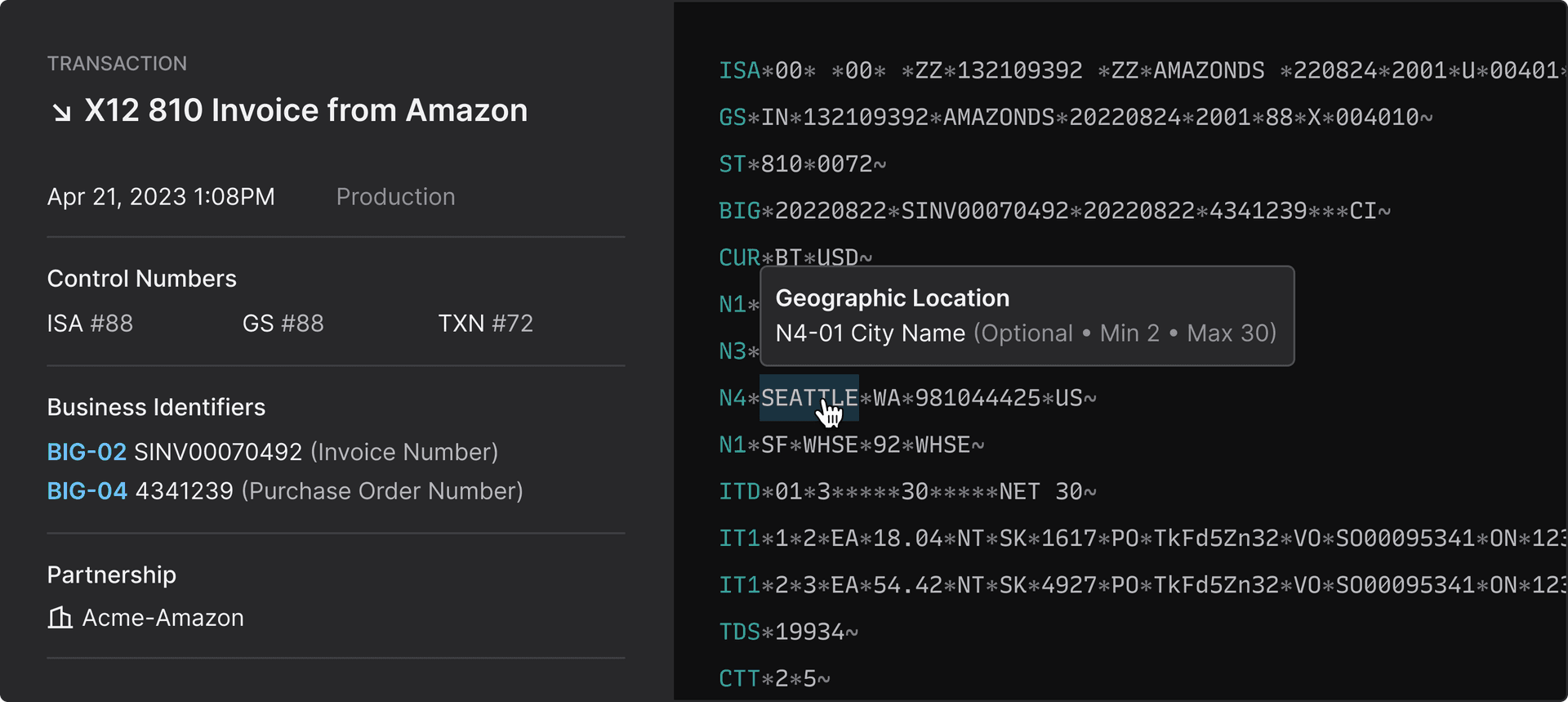 User interface depicting information about the transaction