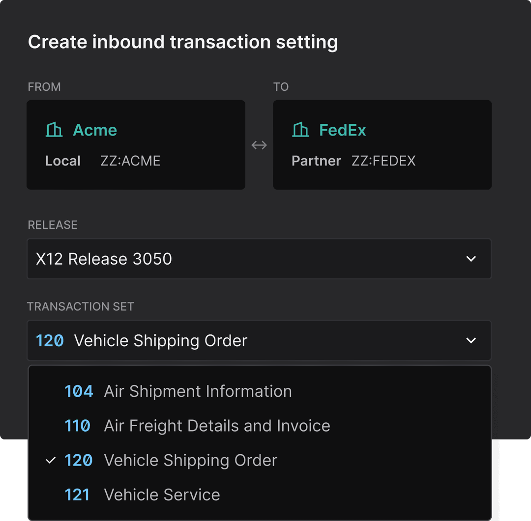 User interface depicting EDI transaction settings