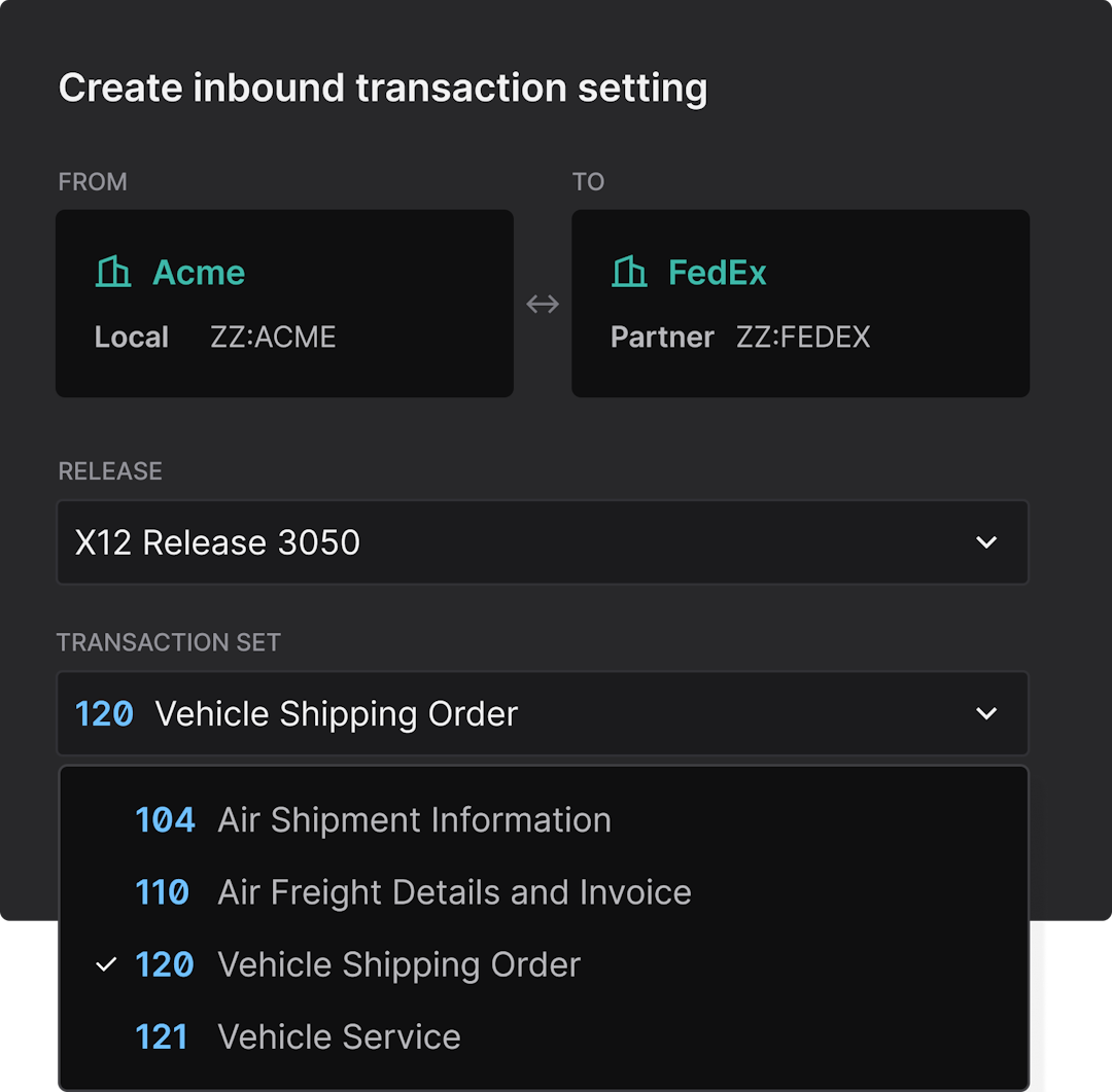 User interface depicting EDI transaction setting