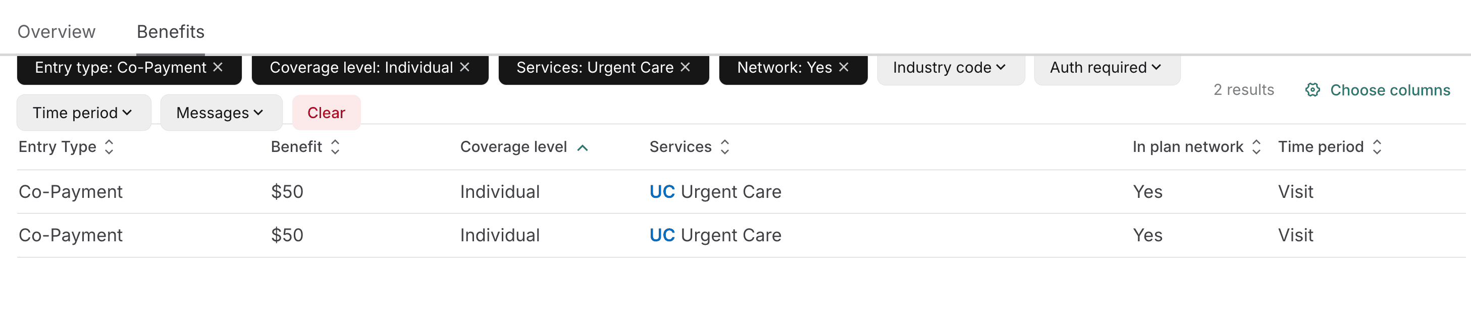 Filtered benefits table