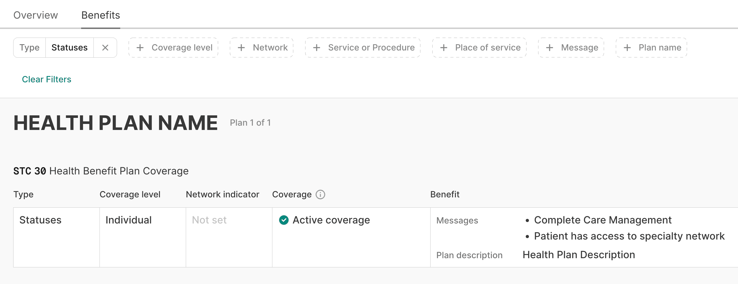 Benefits table statuses