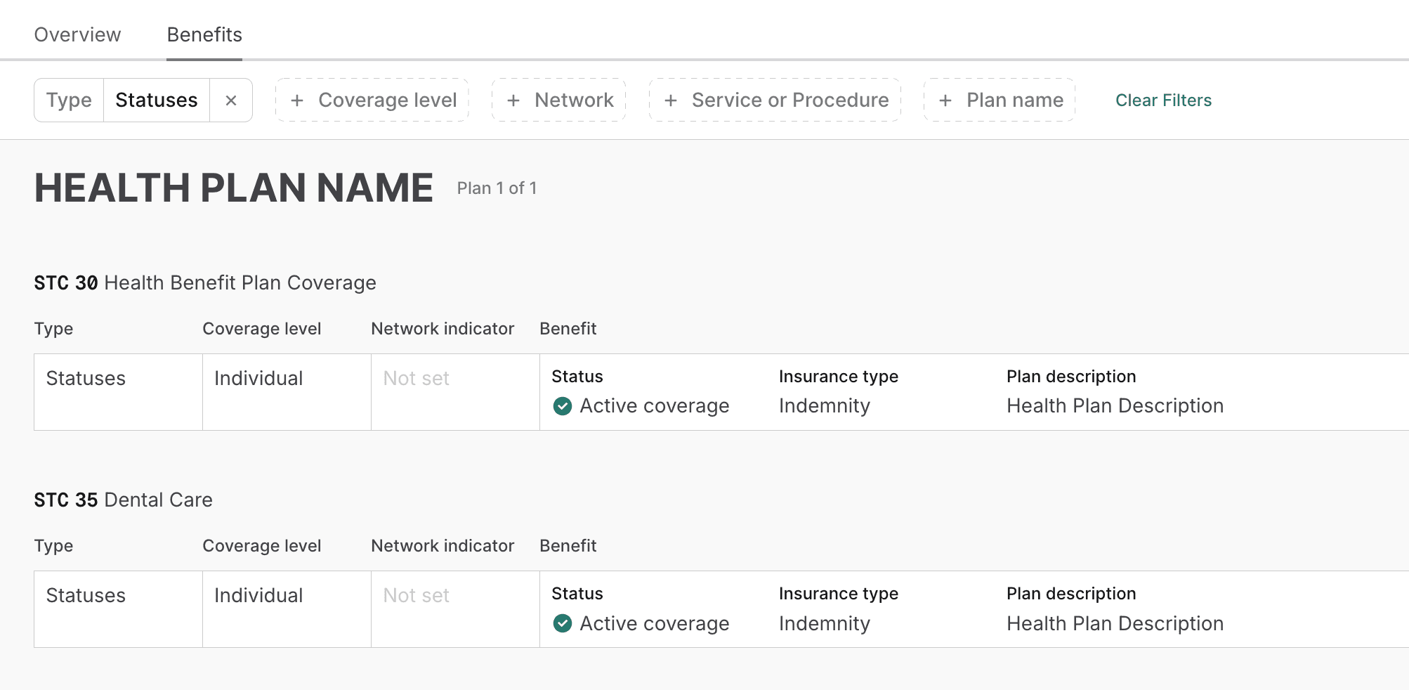 Benefits table statuses