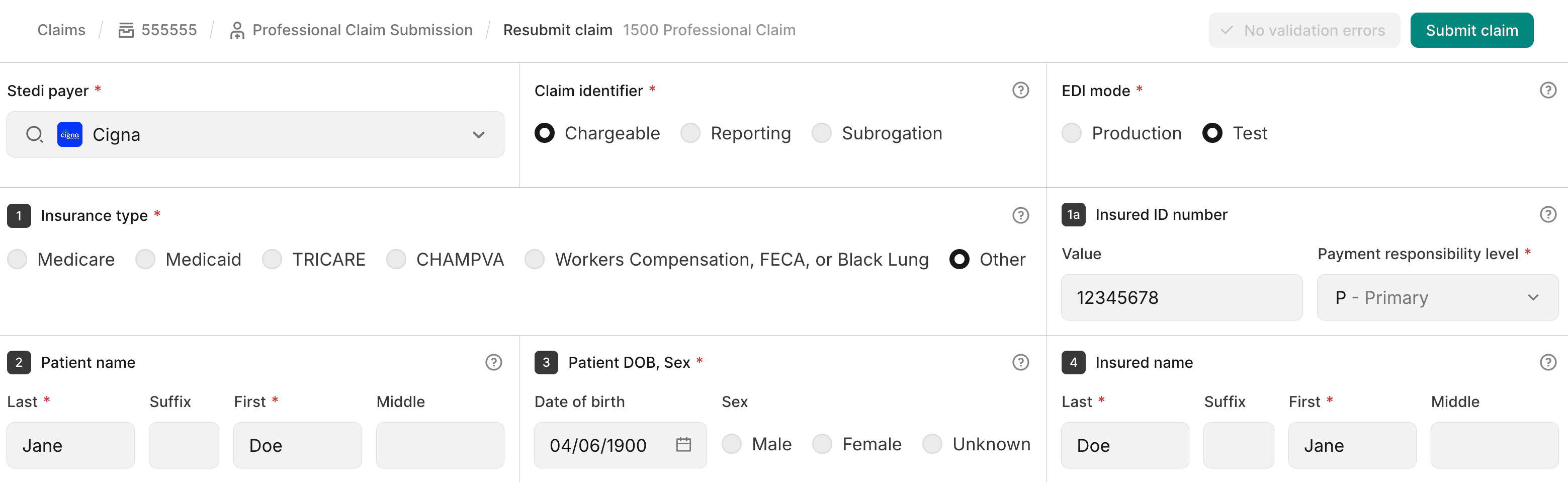 Claim resubmission CMS-1500 form
