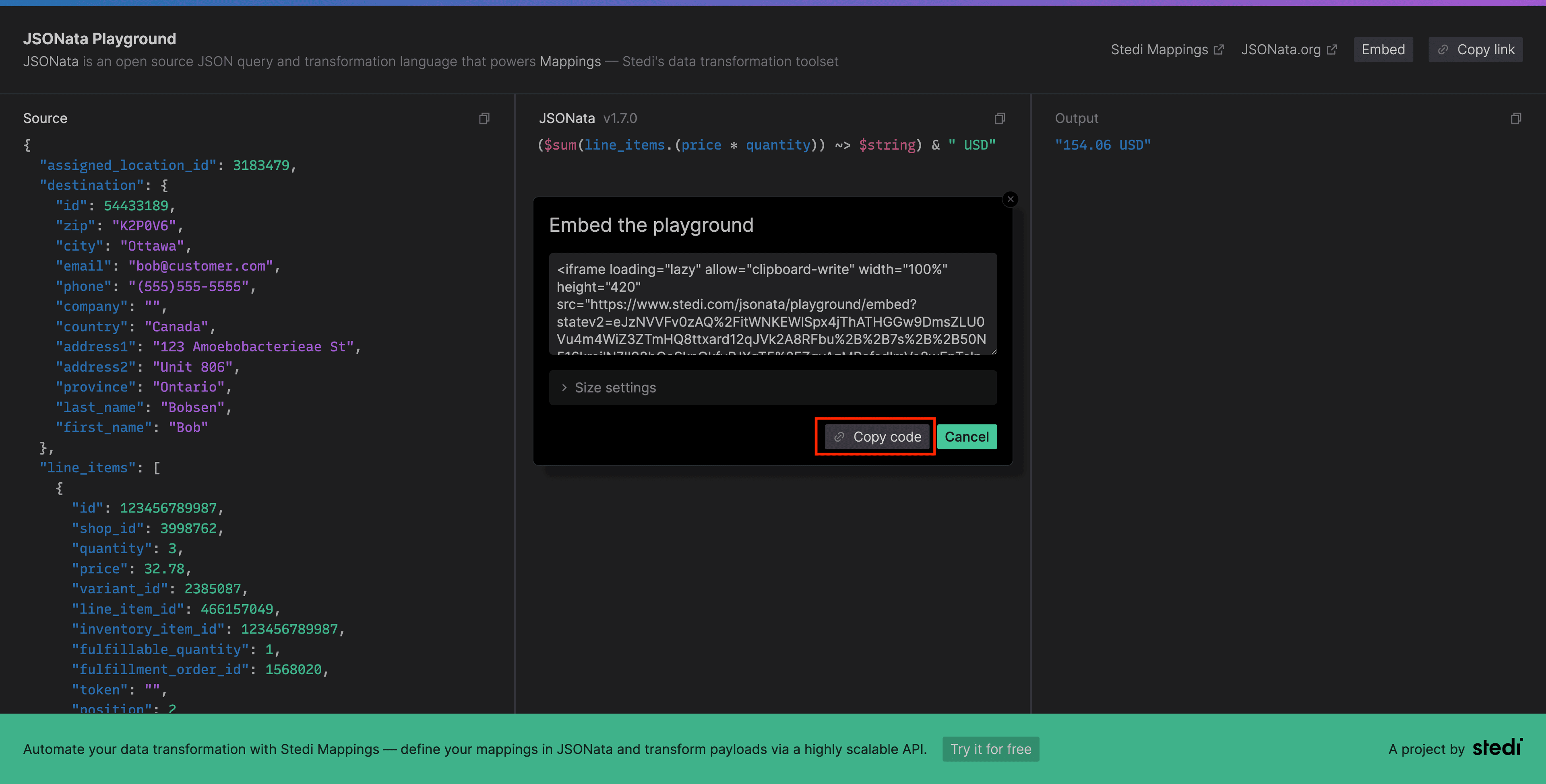 Click on the "Copy code" button