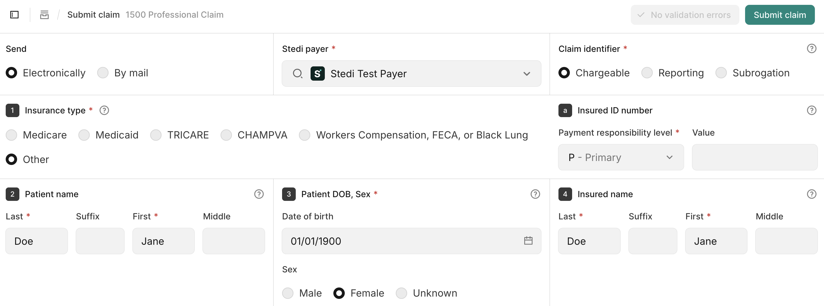Submit claim to Stedi Test Payer