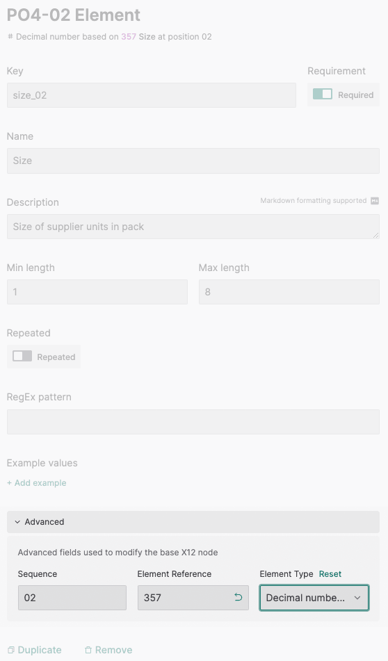 An example of an element that accepts specific codes. Shown as it is presented in an implementation guide, and as it is presented in the Stedi Guides UI.