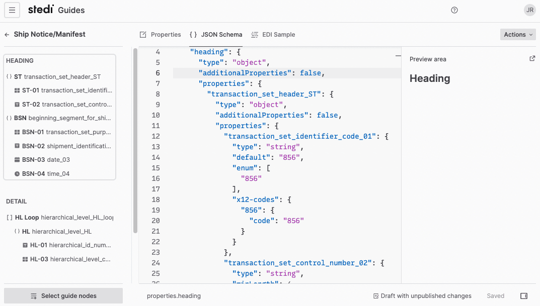 An example of an element that accepts specific codes. Shown as it is presented in an implementation guide, and as it is presented in the Stedi Guides UI.