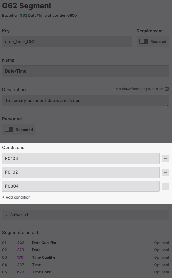 The date/time-segment as presented in an the Stedi Guides UI, with the conditionals highlighted.