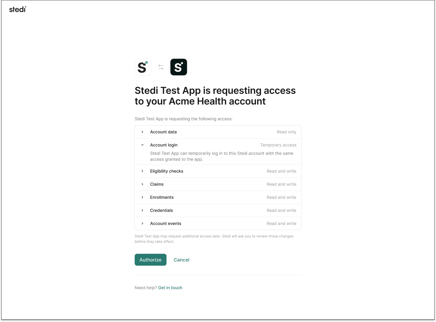 Consent screen showing the app's name and requested permissions