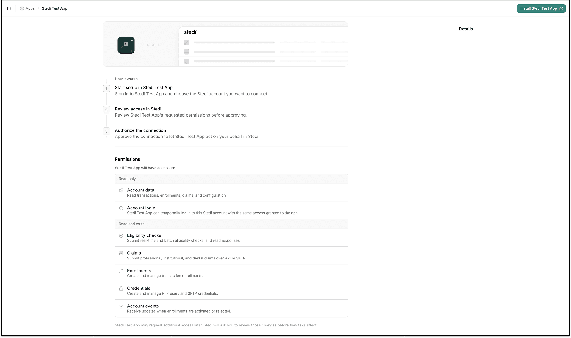 Install page for an OAuth Stedi app