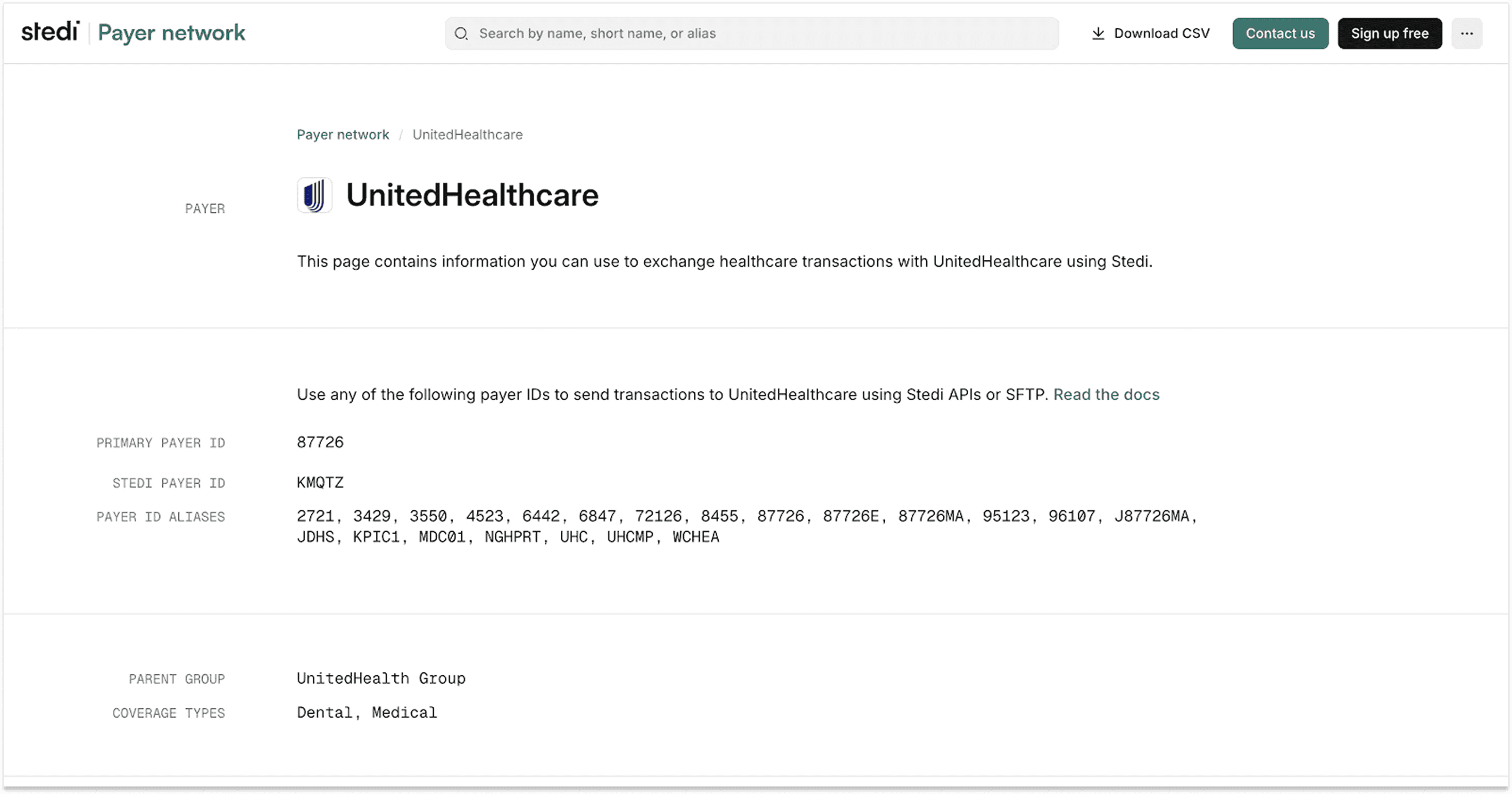 Stedi Payer Network - Payer Detail Page