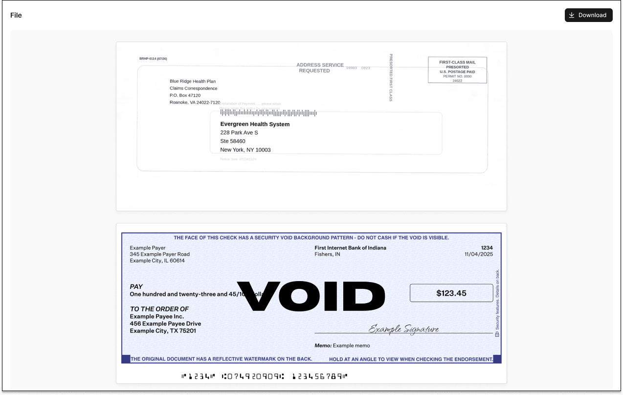 Scanned check image on a payment's detail page