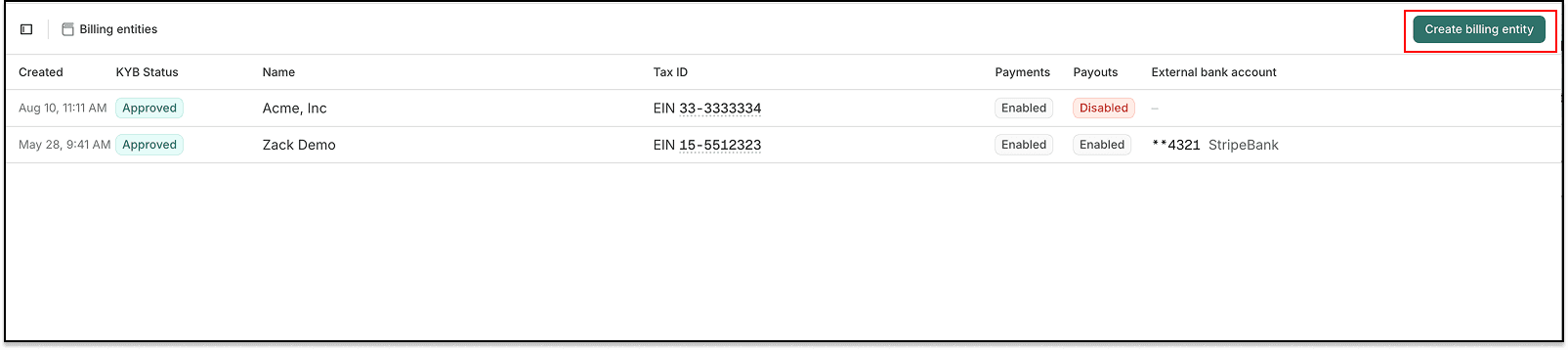 Create billing entity button on the Billing entities page