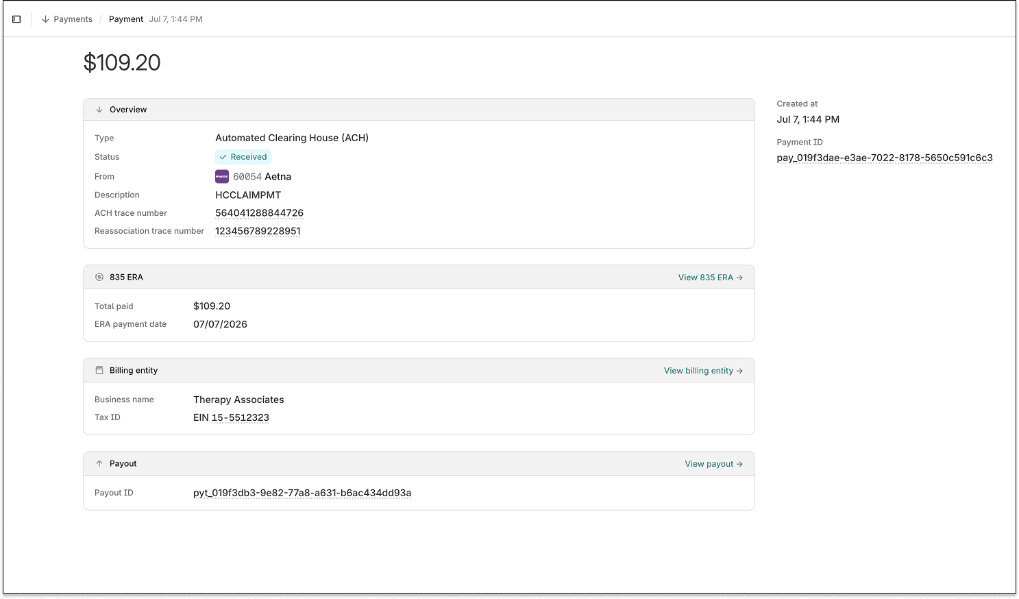 Payment detail page showing status, payer, trace numbers, and related ERA