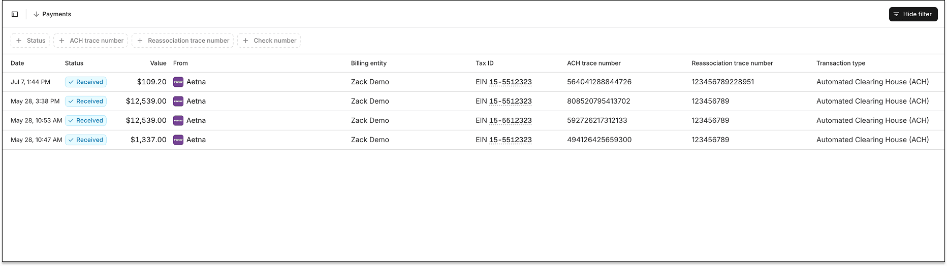 Payments page listing payments sent to a Treasury account