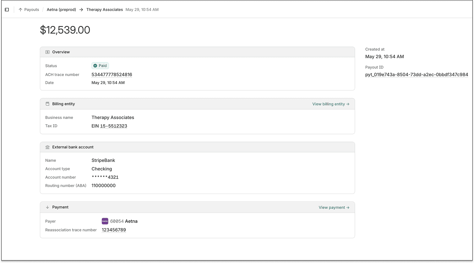 Payout detail page showing status, ACH trace number, and related payment