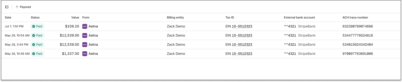 Payouts page listing ACH deposits to the linked external bank account