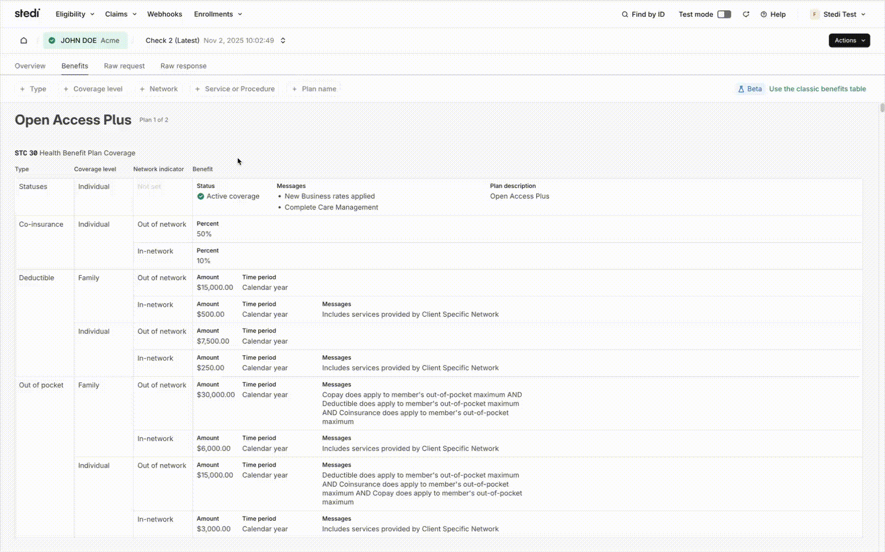 New benefits table for eligibility checks filters