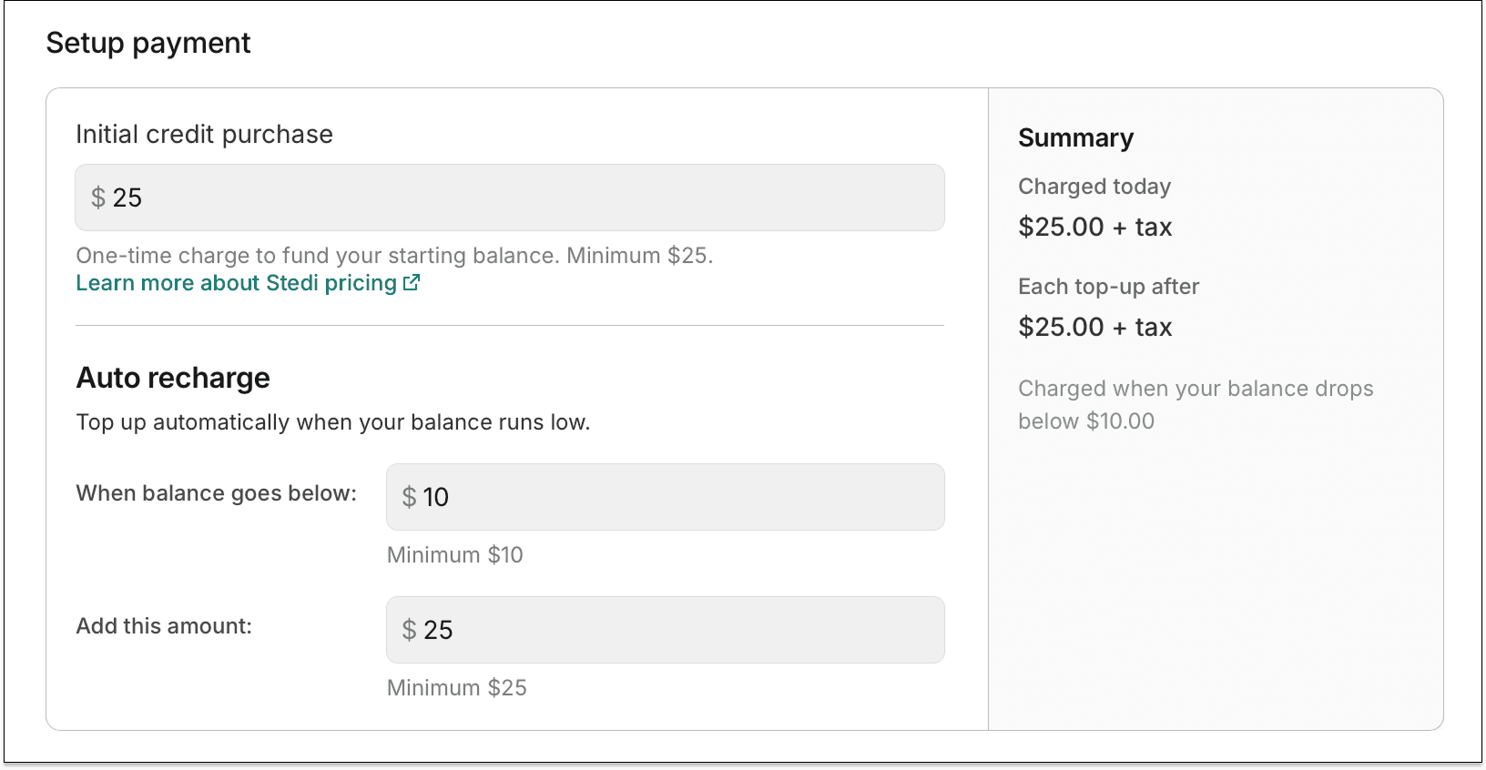 Auto recharge settings during signup