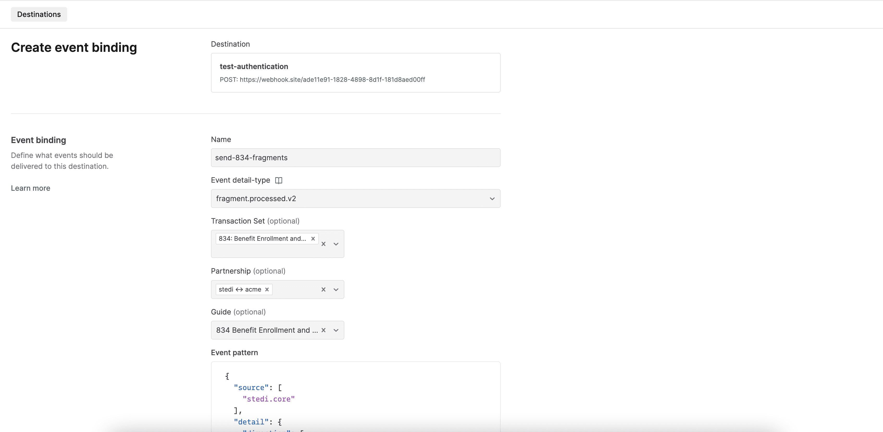 Set up a destination webhook for fragment events