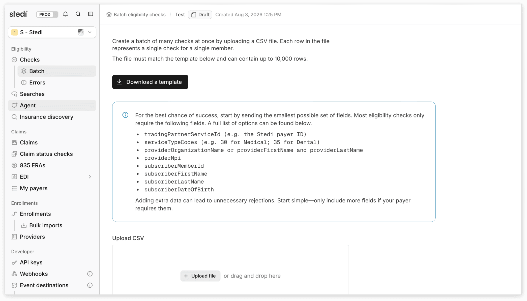 Upload a batch eligibility check CSV in the Stedi portal