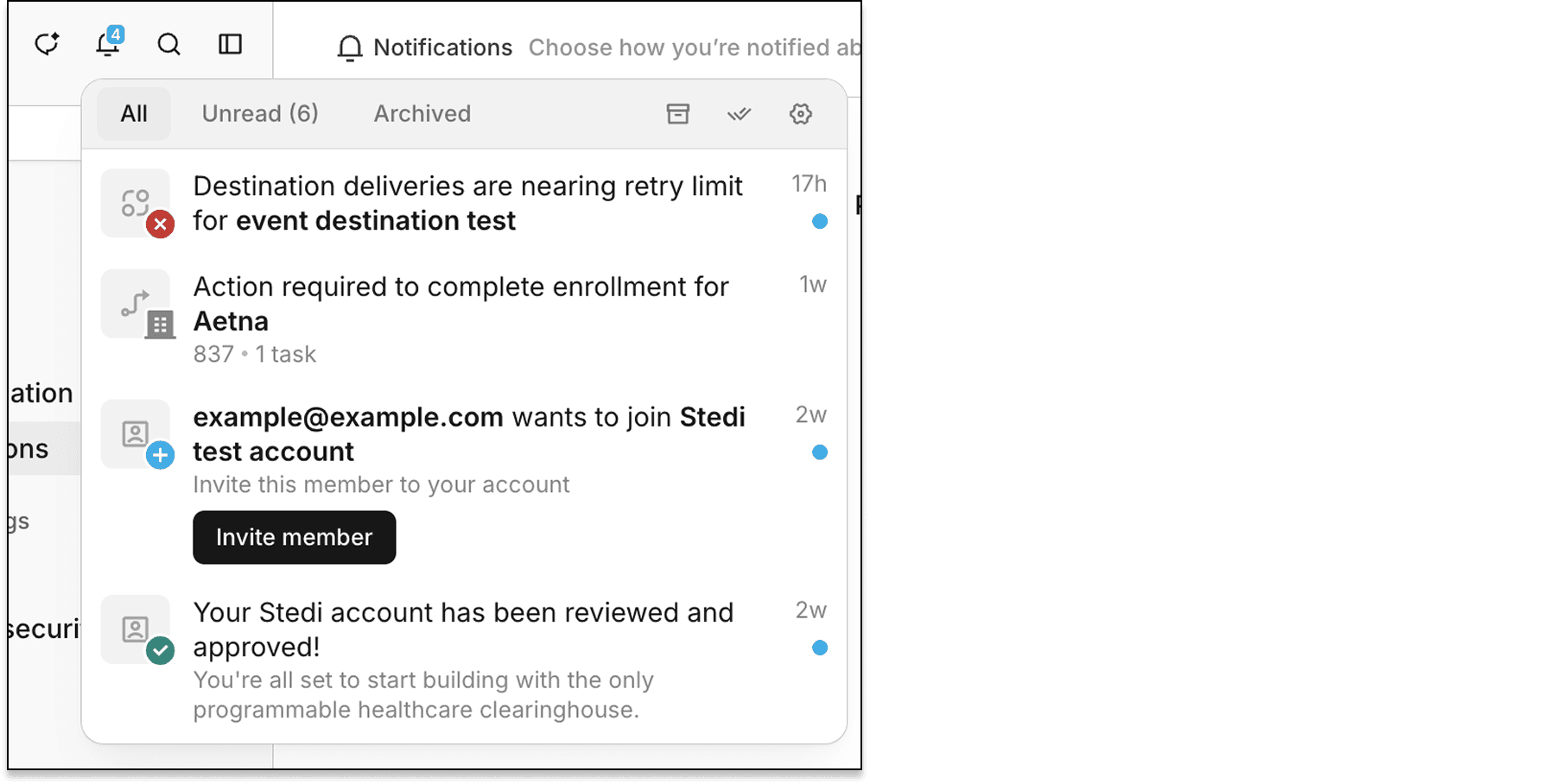 The notifications dropdown in the Stedi portal