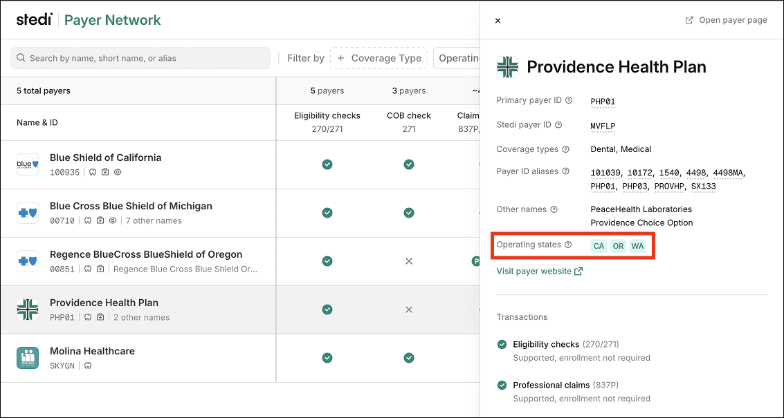 Operating States in the Payer pane