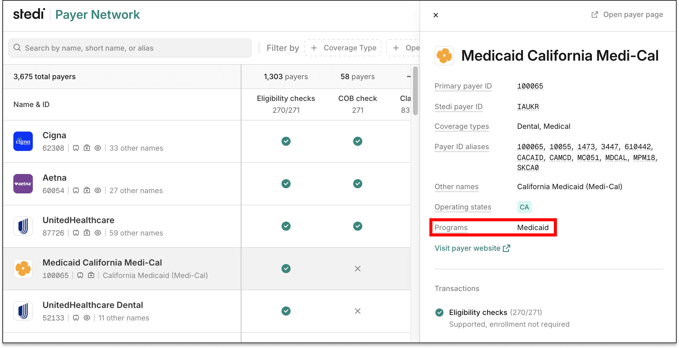 The Payer page for Medicaid California Medi-Cal, with the Programs field set to Medicaid
