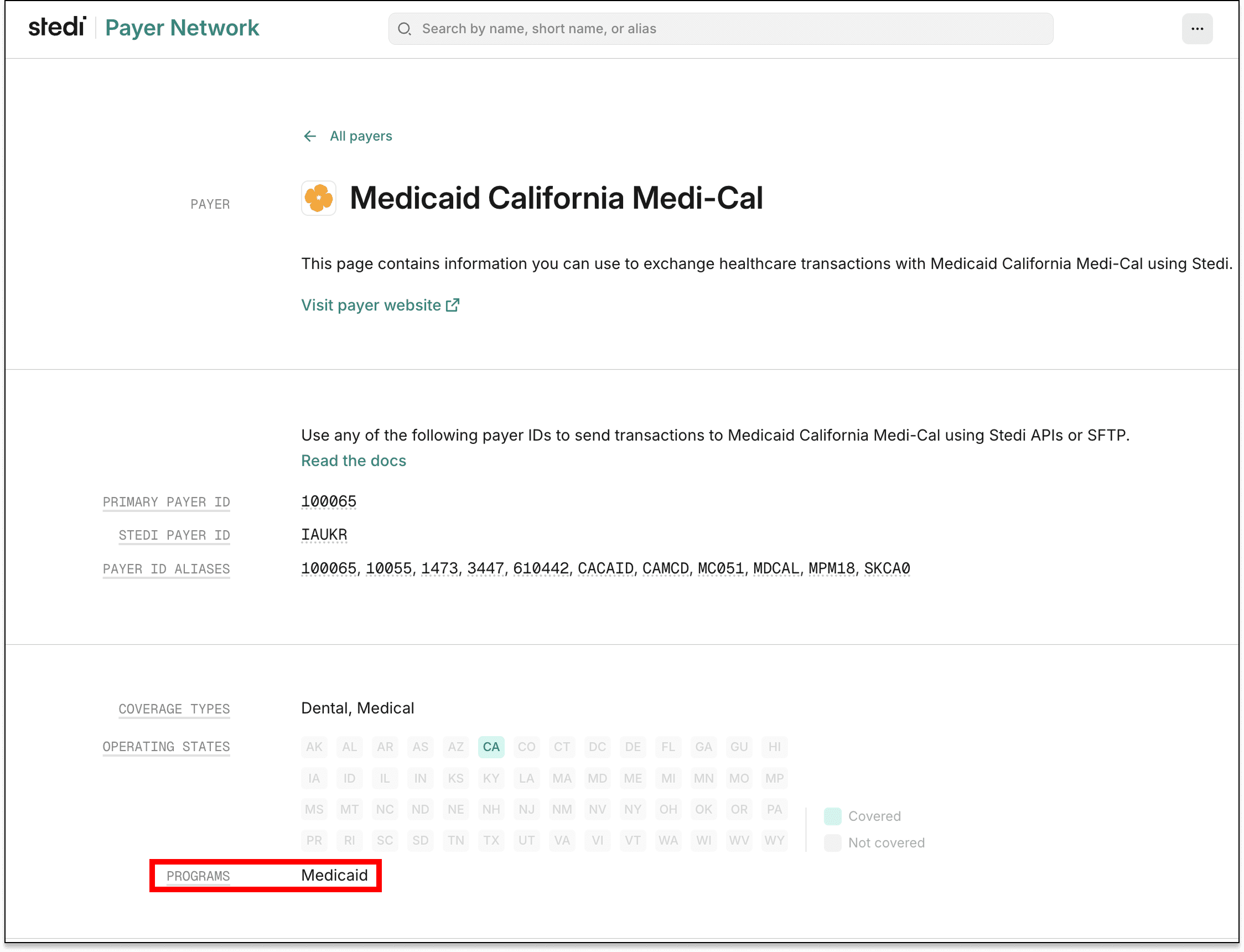 The Payer pane for Medicaid California Medi-Cal, with the Programs field set to Medicaid