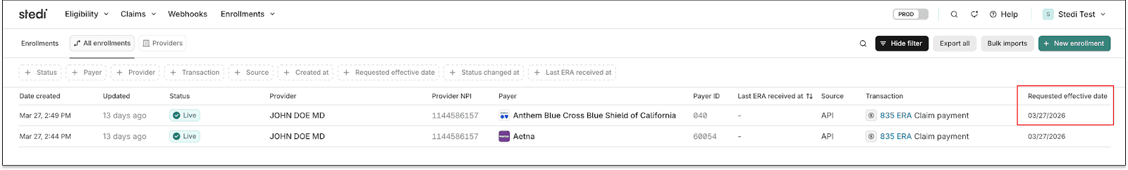 Enrollments list view