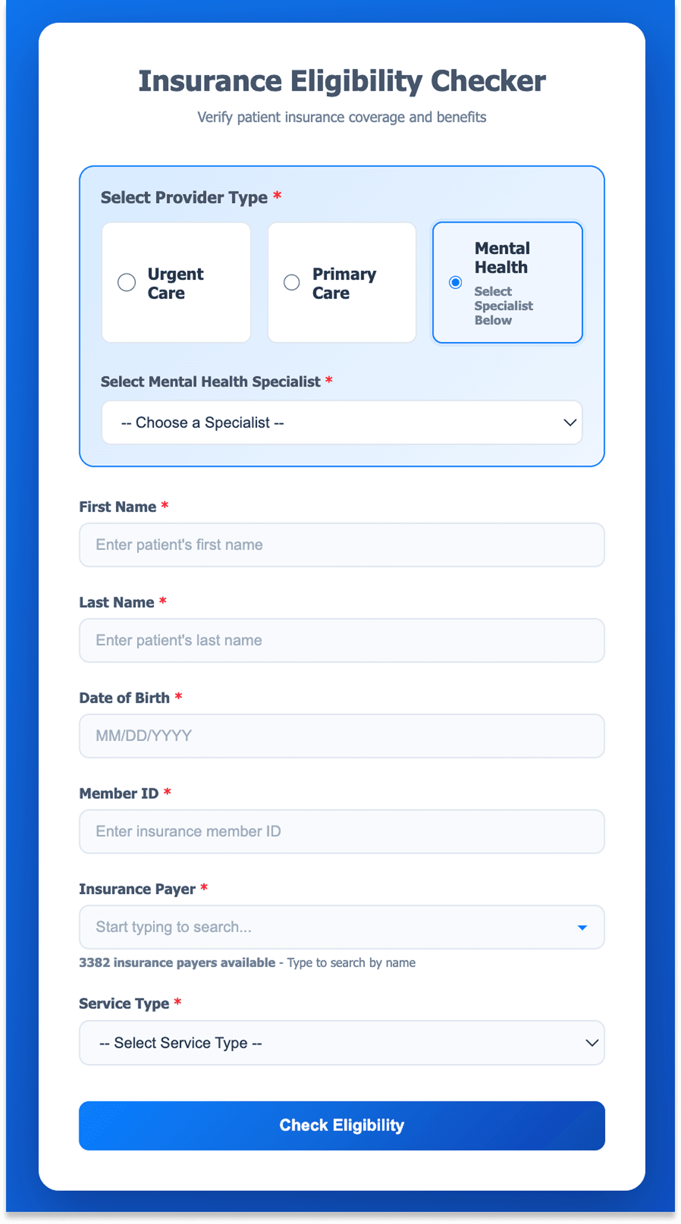 Ajaia's eligibility tool intake form