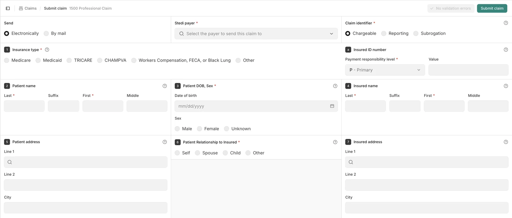 Digital CMS-1500 claim form in the Stedi portal
