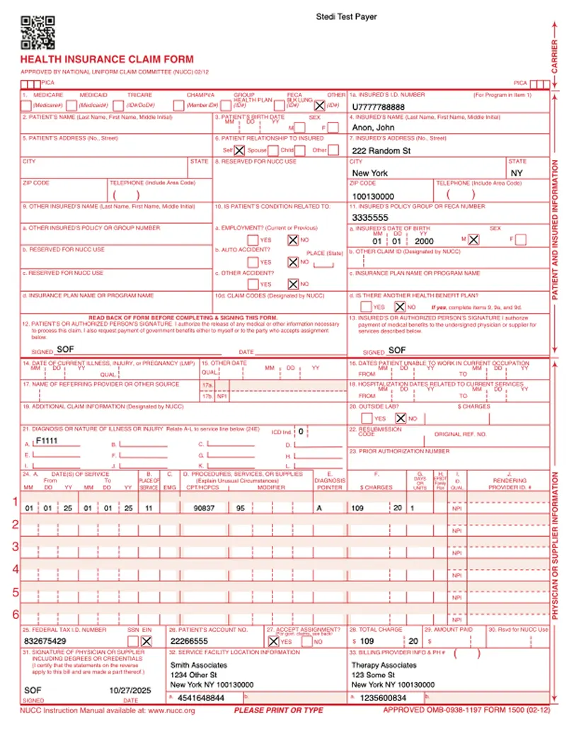 Paper CMS-1500 health insurance claim form