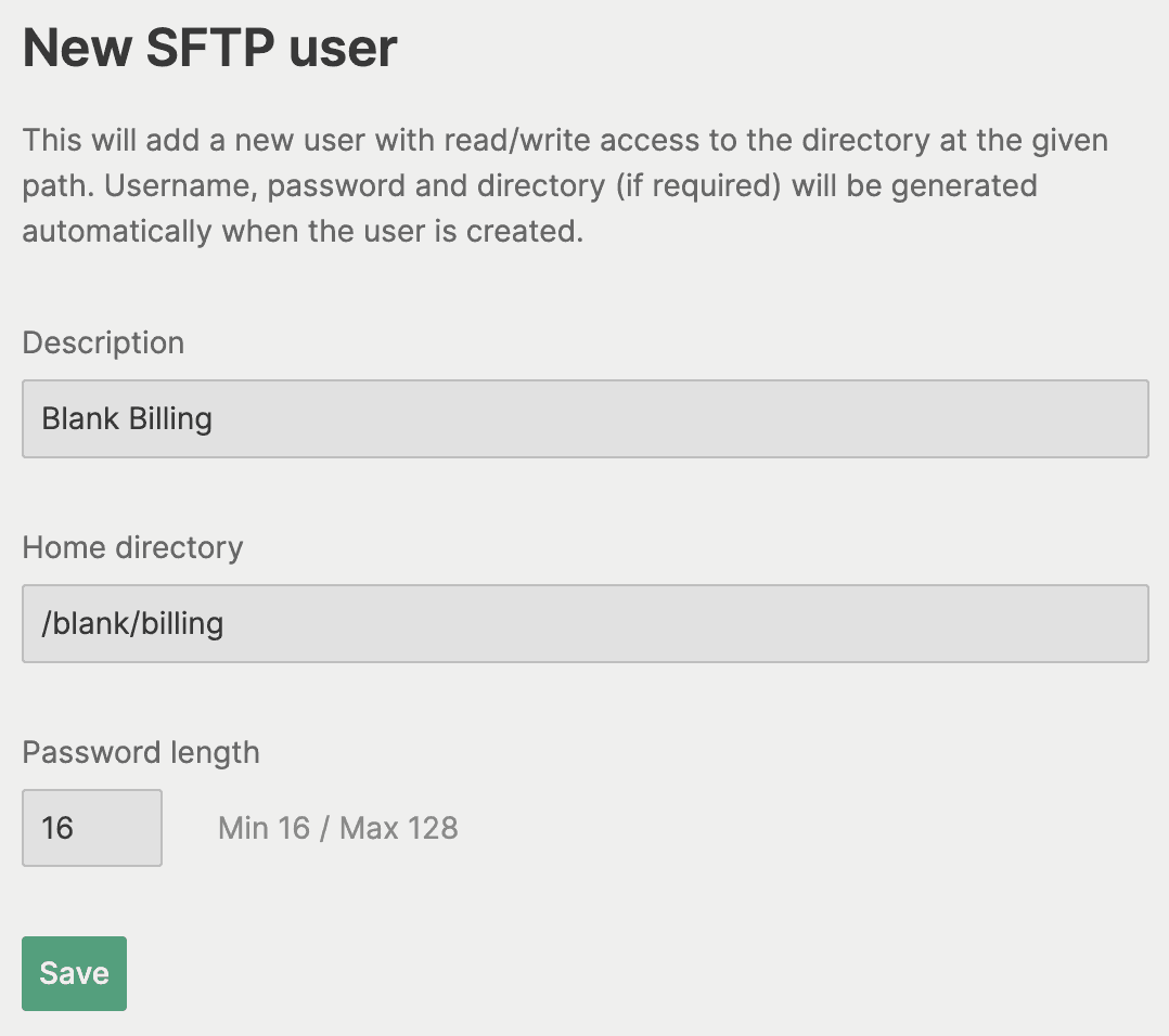 Create SFTP User: Blank Billing