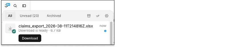 The Download is ready notification for a claims export in the Stedi portal