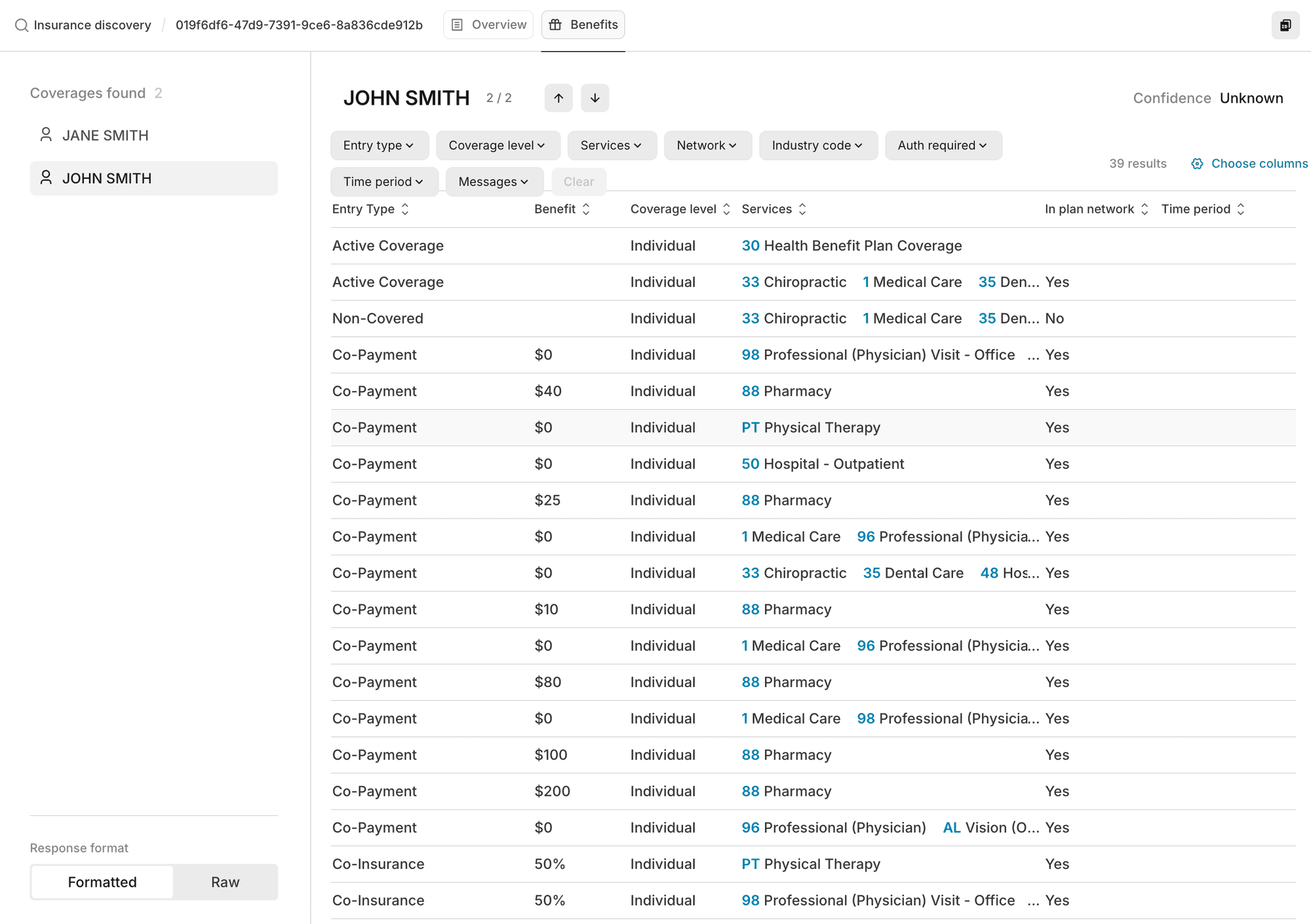 Insurance discovery check results in the Stedi portal, showing the benefits for a coverage Stedi found